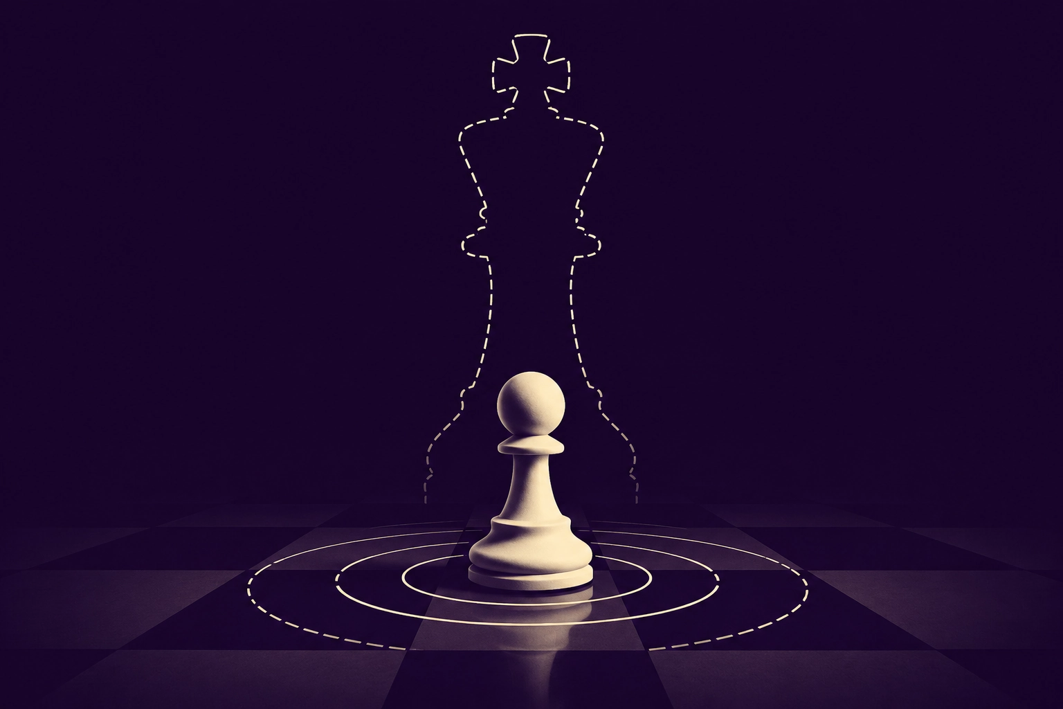 A lone white chess pawn inside concentric target rings on a dark board, casting the dashed silhouette of a king behind it