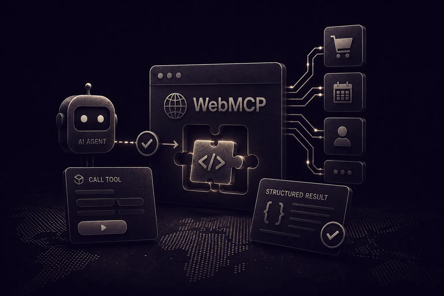 A dark 3D scene: a small robot labelled 'AI Agent' sends a checkmarked call to a browser window labelled 'WebMCP' holding a glowing code puzzle piece, which wires out to shopping-cart, calendar, user and menu icons; two cards read 'Call Tool' and 'Structured Result'.